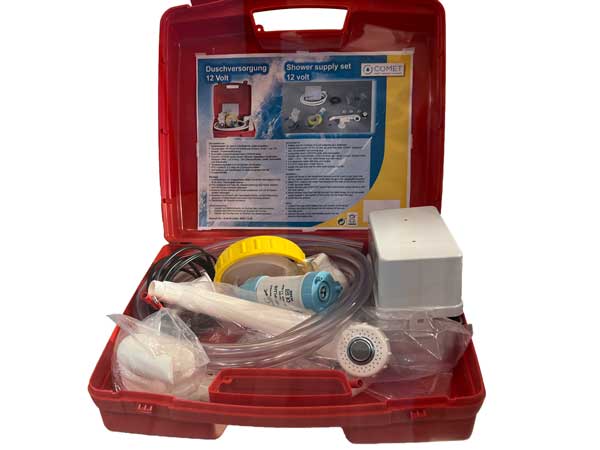 Buitenwand inbouw douche Comet losse doucheset in koffer, op batterijen