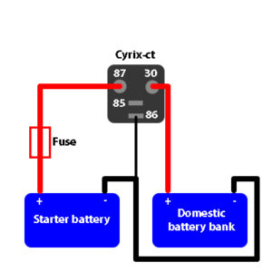 Battery combiner aansluitschema